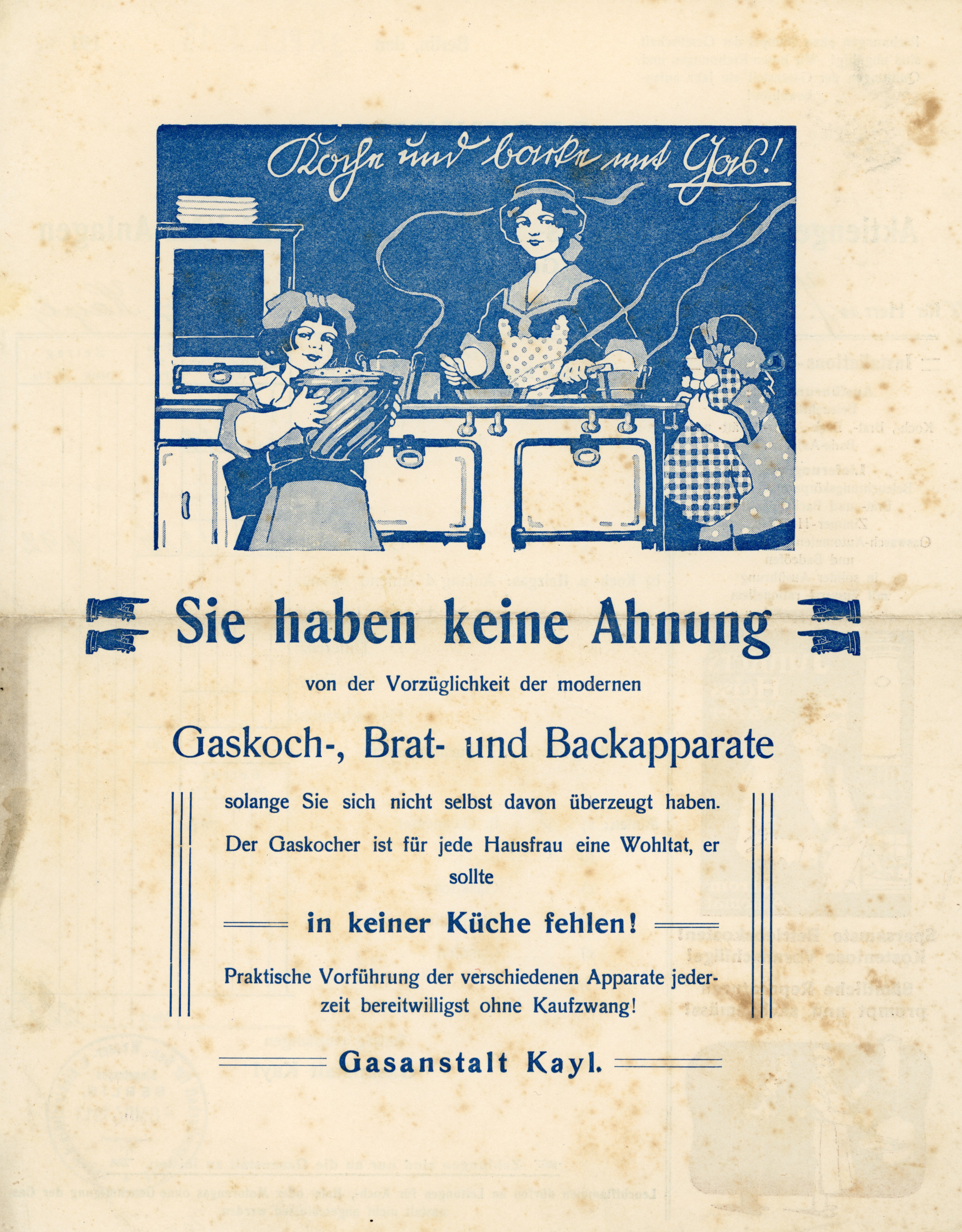 Gasreklame auf einer Rechnung des Kayler Gaswerks aus dem Jahr 1913